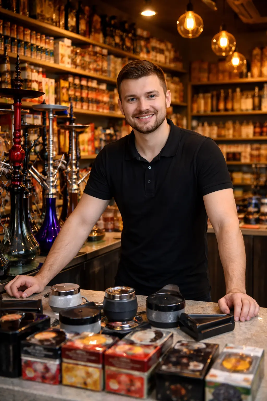 Interiér prodejny Aladin Shop s obsluhou a sortimentem vodních dýmek